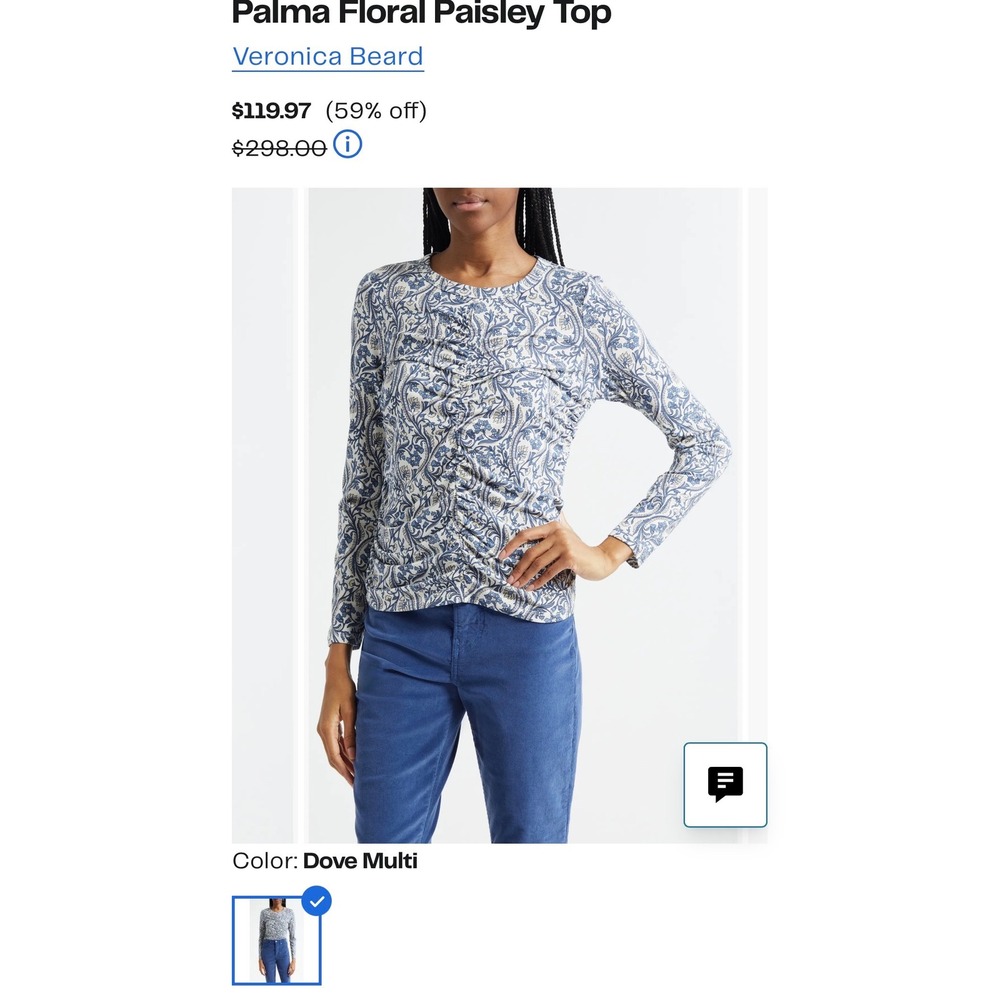 Veronica Beard Palma‎ Floral Paisley Ruched Top Dove Multi Blue Cream Size M - Picture 6 of 6